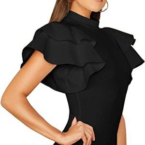 Women Mock Neck Ruffle Butterfly Sleeve Skinny Bodysuit Black T005
